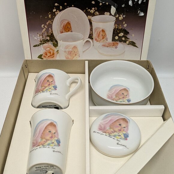 Vintage 1984 Baby's First Gift Set - Bowl, Cup, Tumbler & Pin Box - Picture 1 of 15